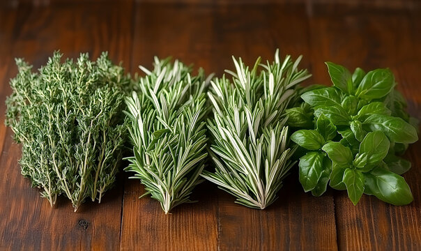 Fresh culinary herbs rosemary thyme basil on rustic wood