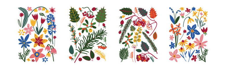 Floral and Flower Design Element in Rectangle Shape Vector Set