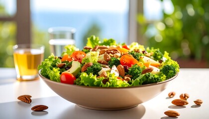 A vibrant salad in a bowl, with nuts and colorful vegetables, sits on a bright table near a window
