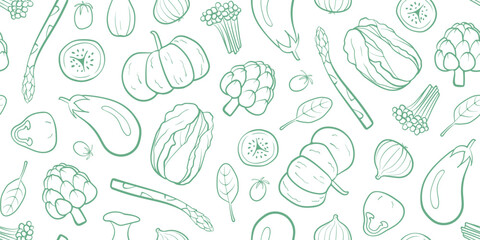 Seamless mixed vegetable pattern in hand-drawn doodle illustration style, green outline on a transparent background. Veggie Time! Series.