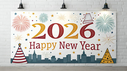 2026 Happy New Year Banner Festive Design for Celebration on white background