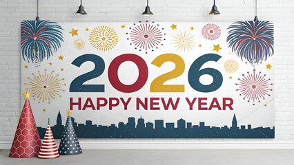 2026 Happy New Year Banner Festive Celebration Design for Parties  Events on white background