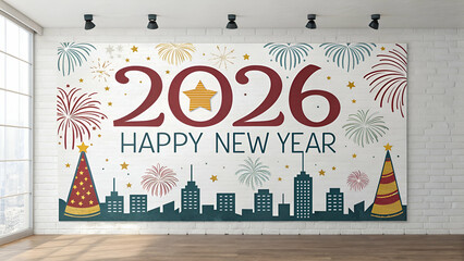 2026 Happy New Year Banner Festive Cityscape Design on white background
