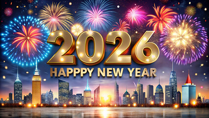 2026 New Years Eve Fireworks  Cityscape Celebration on white background