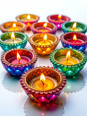 Vibrant Diwali Diyas Festive Lights  Colorful Illumination on white background
