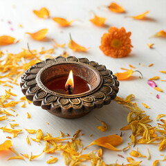 Diwali Celebration Illuminated Clay Lamp with Marigold Petals on white background