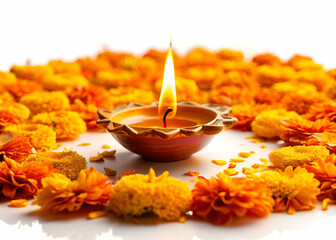 Diwali Festival Illuminated Clay Diya Lamp with Marigold Flowers Indian Festive Decoration Spiritual Light on white background