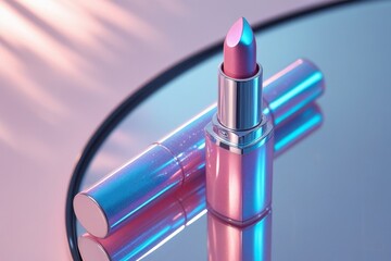 A luxury lipstick mockup in a pearlescent, iridescent case, softly gleaming with a rainbow of subtle colors on a textured silk surface