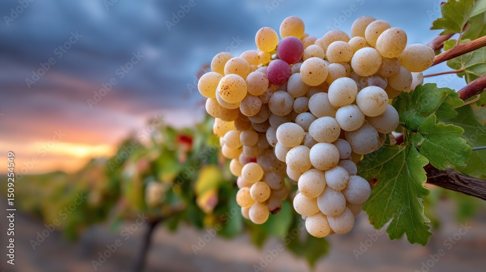 Poster white grapes cluster closely on the vine as the sun sets, casting warm hues across the vineyard. lea