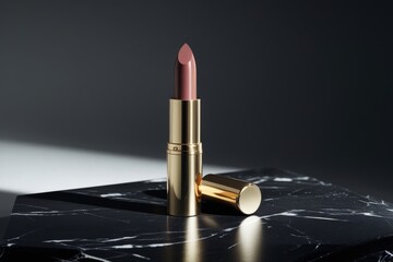 A luxurious gold lipstick mockup standing upright on a glossy black surface, with subtle, dramatic lighting creating deep shadows
