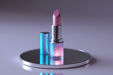 A luxury lipstick mockup in a pearlescent, iridescent case, softly gleaming with a rainbow of subtle colors on a textured silk surface