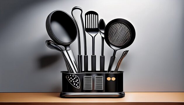 artistic and functional metal sticker design of a stylish kitchen utensil organizer with silhouette cutouts of cooking essentials polished black coated steel