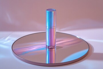 A luxury lipstick mockup in a pearlescent, iridescent case, softly gleaming with a rainbow of subtle colors on a textured silk surface