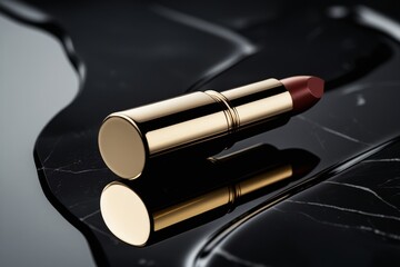 A luxurious gold lipstick mockup standing upright on a glossy black surface, with subtle, dramatic lighting creating deep shadows