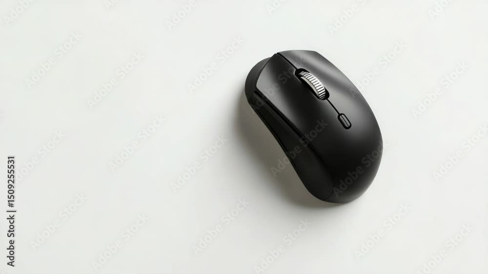 Poster a black computer mouse sits on a white surface, ready for use