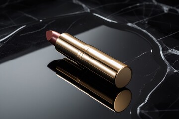 A luxurious gold lipstick mockup standing upright on a glossy black surface, with subtle, dramatic lighting creating deep shadows