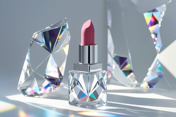Close-up of a sleek, glossy lipstick case with subtle light reflections, displayed on a minimalist vanity with soft shadows