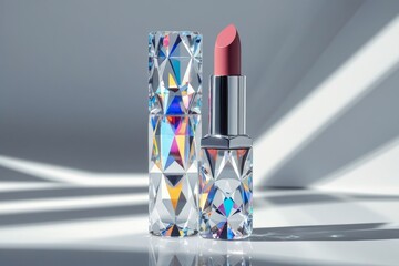 Close-up of a sleek, glossy lipstick case with subtle light reflections, displayed on a minimalist vanity with soft shadows