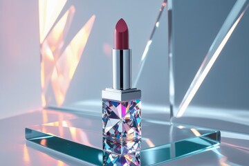 Close-up of a sleek, glossy lipstick case with subtle light reflections, displayed on a minimalist vanity with soft shadows