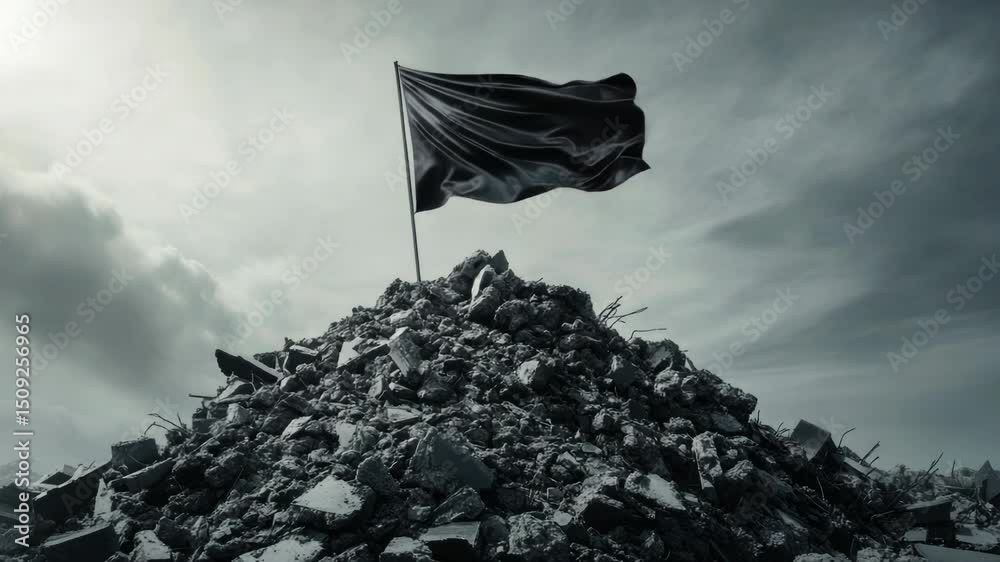 Poster a historic or abandoned site with a flag standing tall amidst ruins, suitable for use in documentary