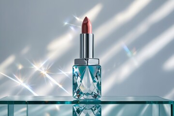 Close-up of a sleek, glossy lipstick case with subtle light reflections, displayed on a minimalist vanity with soft shadows