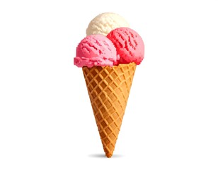 Three scoops of ice cream, two pink and one white, sit in a waffle cone against a white background