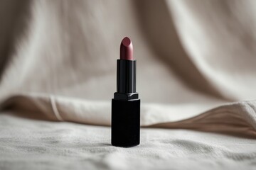 Luxurious dark red lipstick case mockup placed on delicate light silk fabric, showcasing elegant cosmetic packaging design
