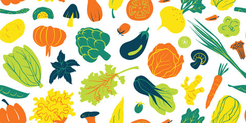 Seamless mixed vegetable pattern in minimal graphic illustration style, colorful vivid colors on a transparent background. Veggie Time! Series.