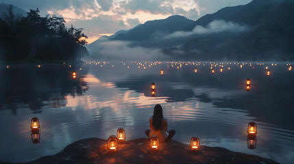 Calm lakeside scene at dusk with candle-lit floating lanterns and person in quiet seated position.