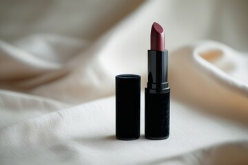Luxurious dark red lipstick case mockup placed on delicate light silk fabric, showcasing elegant cosmetic packaging design