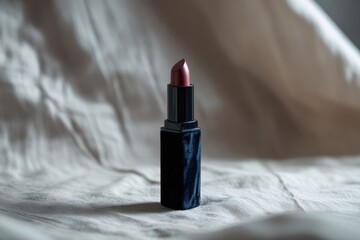 Luxurious dark red lipstick case mockup placed on delicate light silk fabric, showcasing elegant cosmetic packaging design