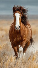 Brown horse gallops through golden grass under cloudy sky in open field during afternoon light