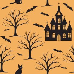 Spooky halloween silhouette pattern orange background witches cats bats art web old dark tree print