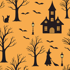 Spooky halloween silhouette pattern orange background witches cats bats art web old dark tree print