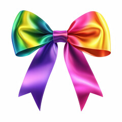 Naklejka premium Glossy rainbow satin ribbon bow with flowing tails, isolated on transparent background.