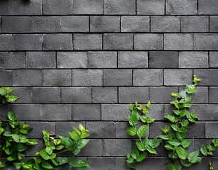 a gray brick wall with a few green plants growing on it