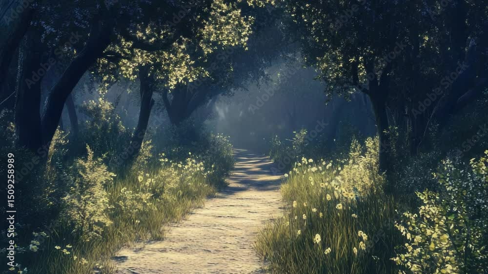 Poster a winding dirt path through a dense forest with lush greenery and tall trees
