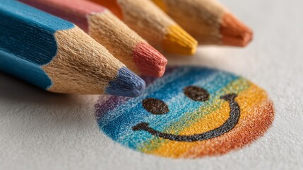 Giant colorful pencil drawing smiley face on white, education joy for Children's Day