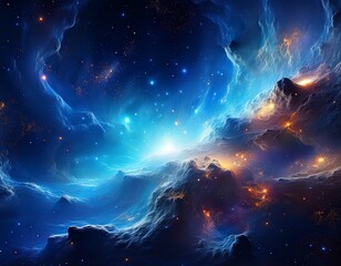 Obraz premium captivating nebula glows in vibrant blue hues within the dark expanse of outer space scattered stars twinkle adding to the mystical beauty of the cosmic landscape 3d render