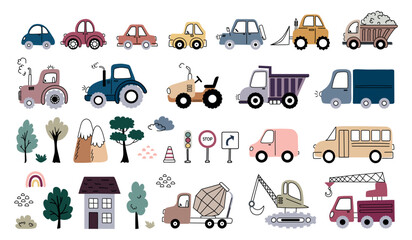 Cute  Vehicles and Construction Icons Set.  Set of hand-drawn cars, trucks, tractors, construction vehicles, road signs, trees, and buildings in playful doodle style © Mariana
