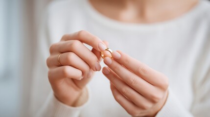 A woman in a white sweater holds a gold wedding ring delicately between her fingers in a serene indoor space filled with natural light, reflecting on memories associated with the ring
