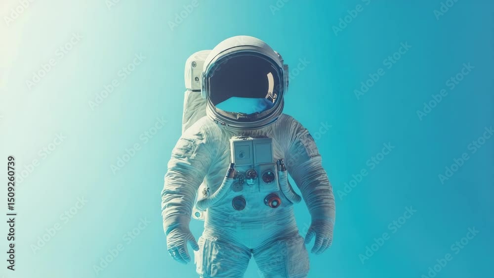 Poster an astronaut in a spacesuit standing on a blue surface, ready for exploration
