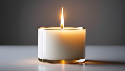 a pure white candle glowing softly placed against a smooth gradient gray background the light from the flame flickers gently casting subtle golden reflections on the wax