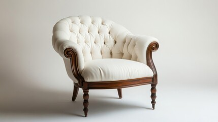 Fototapeta premium Round back armchair with wooden legs and white upholstery on white background