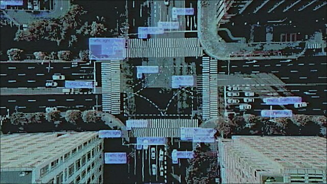 4K Aerial view of smart city intersection monitored by AI with digital HUD overlays and cyber data nodes, glitch texture for motion graphics, screen mode, cybersecurity concept