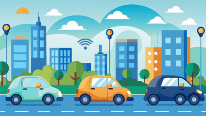 Naklejka premium A fleet of smart cars equipped with air quality sensors measures pollution levels in urban areas to inform city planners on potential improvements to air quality.. Vector illustration