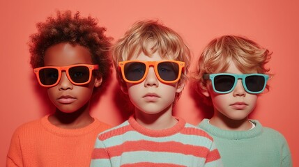 Kids wearing oversized sunglasses on a soft coral background, fun and style for Children's Day