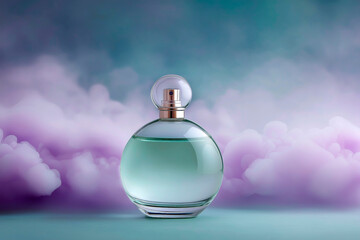 Elegant round perfume bottle with light green liquid against dreamy pastel clouds background