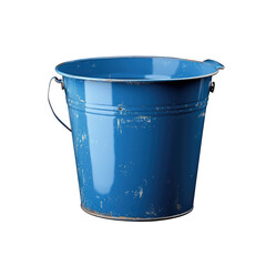 A slightly worn blue metal bucket with a handle is centered on a black background in a studio shot