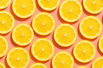 Fototapeta premium Bright yellow fresh lemon slices arranged in a playful, repeating pattern on a vibrant, cheerful pink background, creating a summery and energetic flat lay composition.